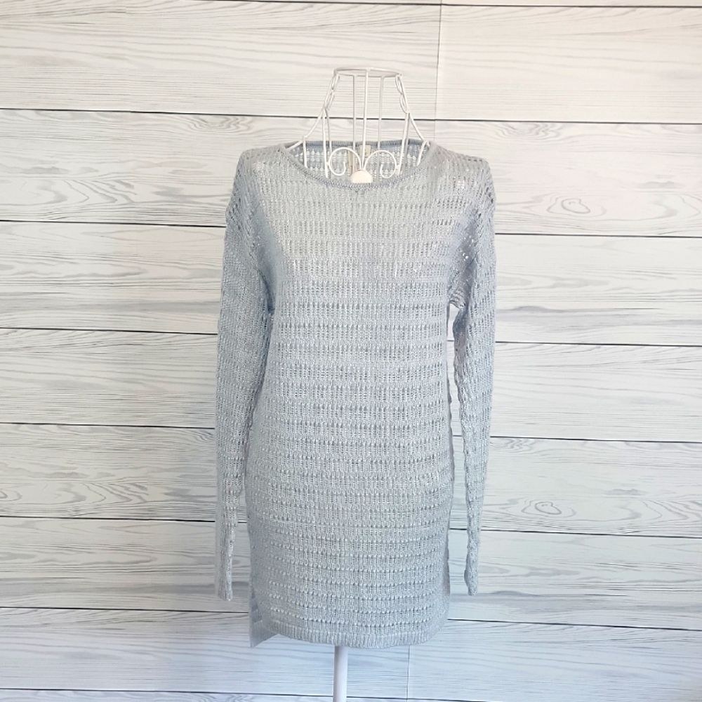 Frenchi Crocheted Knit Pullover Sweater Light Blue Grey Womens Size S
